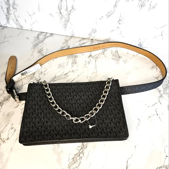 Michael Kors Belt Bag Waist Wallet MK Logo Black W Chain Large New - Picture 1 of 5